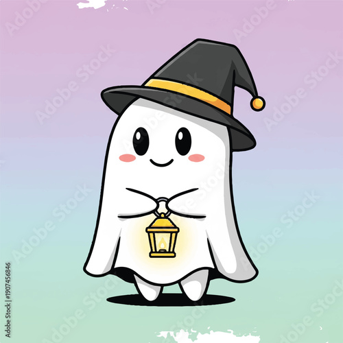 Cartoon Ghost Character with Hat and Lantern.