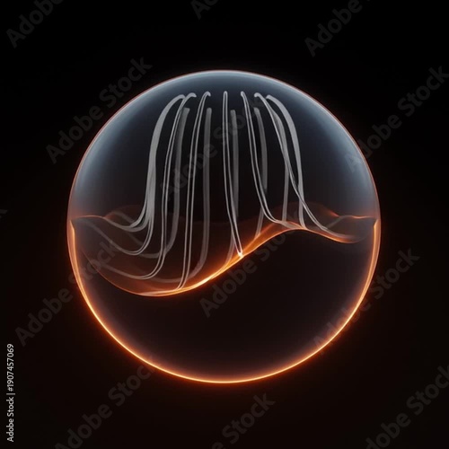 Abstract glowing orange wave inside transparent sphere animation.