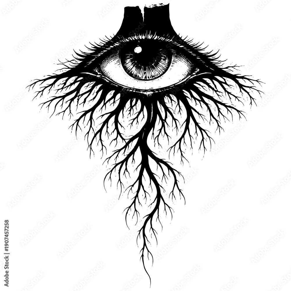 Obraz premium All Seeing Eye with Roots Illustration Black White Symbolic Vision Nature Concept Engraving Style Art for Posters Tattoos Wall Decor