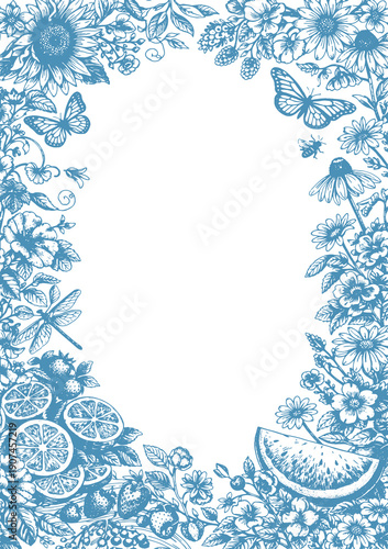 🔹 НАЗВАНИЕ
Vintage Blue Botanical Greeting Card Frame Winter Garden Illustration Floral Border with Berries Birds Citrus Elegant Vector Design