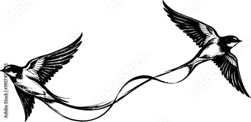 Swallows Flying Illustration Black White Line Art Birds in Motion Minimal Nature Design for Tattoos Posters Wall Art Decor