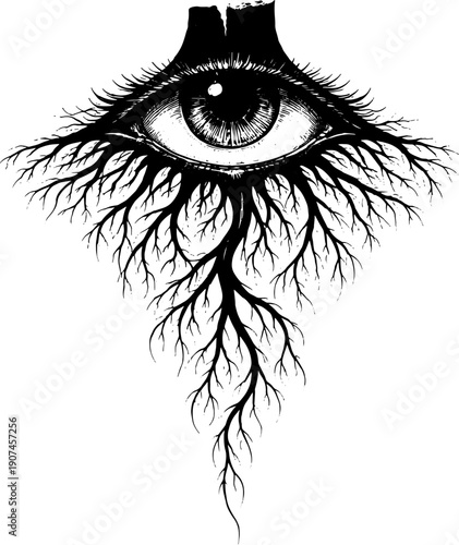 All Seeing Eye with Roots Illustration Black White Symbolic Vision Nature Concept Engraving Style Art for Posters Tattoos Wall Decor