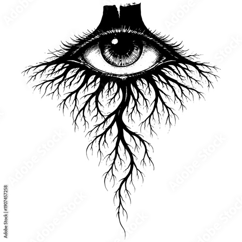 All Seeing Eye with Roots Illustration Black White Symbolic Vision Nature Concept Engraving Style Art for Posters Tattoos Wall Decor