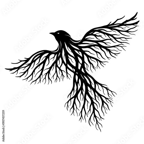 Raven Tree Roots Illustration Black White Symbolic Bird Nature Art Freedom Growth Engraving Style Design for Posters Tattoos Wall Art