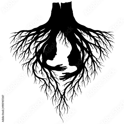 Hidden Face in Tree Roots Illustration Black White Surreal Nature Symbol Identity Consciousness Engraving Style Art for Tattoos Posters