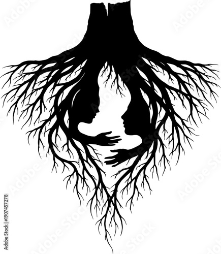 Hidden Face in Tree Roots Illustration Black White Surreal Nature Symbol Identity Consciousness Engraving Style Art for Tattoos Posters