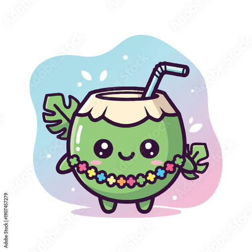 Cartoon Coconut Drink Character with Straw.