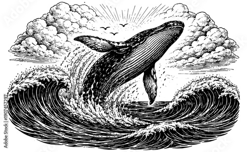 Whale Breaching Ocean Waves Illustration Black White Vintage Engraving Style Marine Wildlife Power Freedom Art for Posters CNC