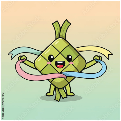 Cartoon Dumpling Character with Ribbons Dancing.