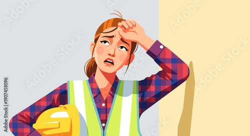 people of female construction worker feeling fatigued and drained from physical exertion, wiping sweat off her forehead after demanding labor.