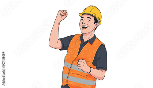 people of construction worker celebrating success with excitement, raising fists in triumph, a happy man achieving his goals at work.