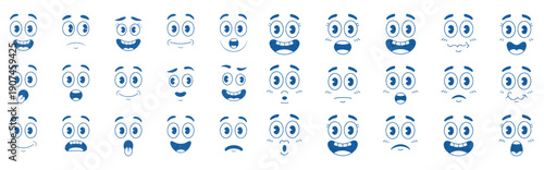 Collection of Cartoon Faces with Blue Eyes Expressing Various Emotions and Expressions Silhouette Grain Noise Texture Style Vector Design