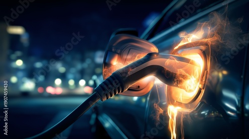 Ignite the future of transport: an electric car charging at night with a cinematic fiery energy glow around the port, perfect for sustainable energy, EV innovation, and high-tech automotive concepts.