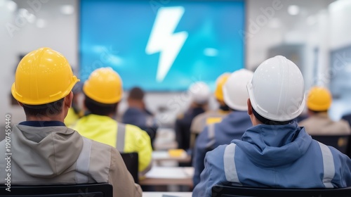 Powering the future: a rear view of energy sector engineers in hard hats attending a seminar with a lightning bolt presentation, perfect for electrical grid, utility company, and innovation reports.