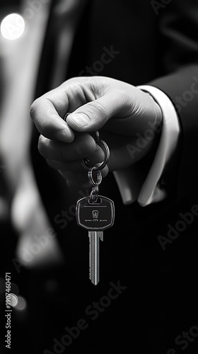 Close-up of a hand in a suit holding house keys