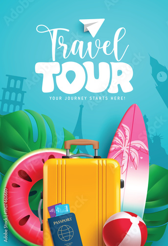 Travel and tour clipart poster design. Travel and tour text clip art with surfboard, floater, beach ball summer elements, luggage and passport for holiday vacation and international trip adventure 