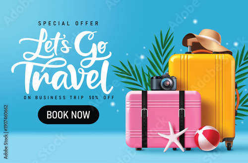 Travel promo clipart banner design. Travel Sale template special offer business trip booking discount clip art for international holiday vacation tour with traveler elements vector illustration.
