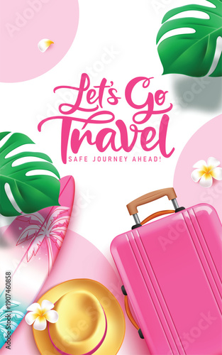 Travel clipart poster design. Let's go Travel text clip art with pink luggage bag, surfboard, summer hat and palm leaves elements clip art in abstract background for vacation tour and adventure vector