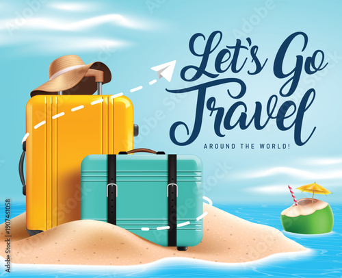 Travel clipart template design. Let's go Travel text clip art with luggage bag, hat and coconut juice summer elements in island tropical beach background for holiday tour around the world vector 
