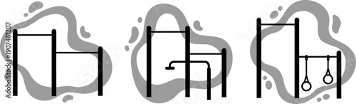 Outdoor fitness equipment icons: pull-up bars, dip bars, and gymnastic rings for park workouts