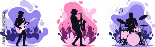 Silhouettes of musicians playing guitar, saxophone, and drums with abstract colorful backgrounds