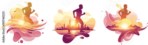 Silhouette of a runner against a vibrant sunset cityscape with abstract colorful splashes