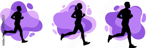 Three diverse runners in silhouette against abstract purple fluid shapes, symbolizing movement and energy