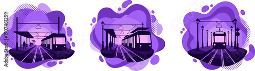 Modern tram stations with purple abstract shapes and silhouettes of trams and people