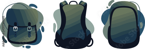 Collection of three stylized backpacks in different views with abstract shapes