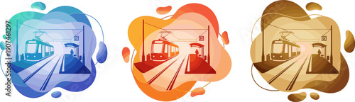 Set of stylized tram icons with abstract colorful blobs in blue, orange, and brown palettes