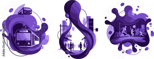 Abstract purple blobs showcase urban life scenes: transportation, city street, and sports