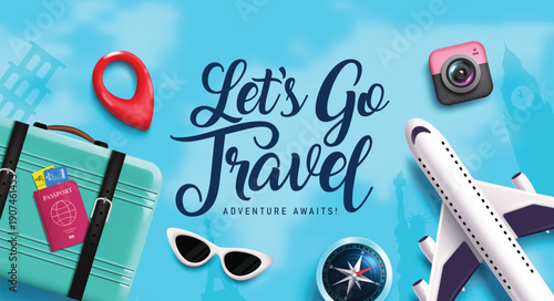 Travel clipart banner template design. Let's go travel text clip art in international destination landmark background with travelling elements for holiday tour and adventure vector illustration.

