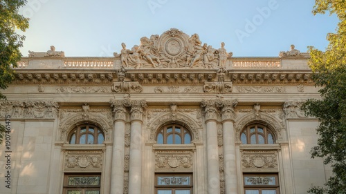 Grand Opera House Facade with Intricate Sculptures Bathed in Soft Natural Light Against Blue Sky
