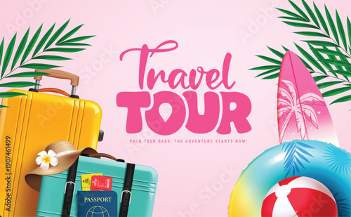 Travel and tour template clipart design. Travel and tour text clip art with luggage bag, suitcase and summer elements in pink background for holiday trip adventure vector illustration.
