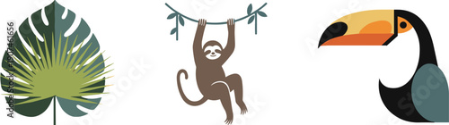 Tropical jungle icons: palm leaf, sloth hanging on vine, and toucan bird