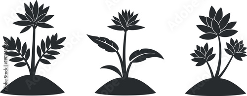 Collection of stylized black silhouettes of blooming plants on a white background