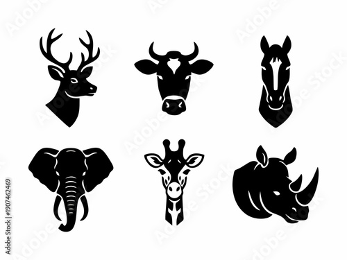 Black Minimalist Herbivore Animal Head Icons Set - Silhouette Vector Illustration