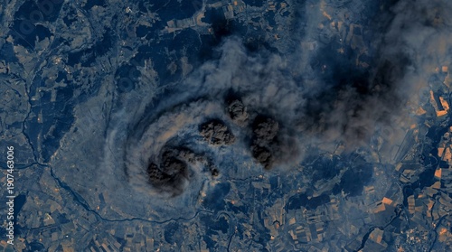 Aerial Satellite View of Large Scale Environmental Disaster, Smoke Plumes from Massive Wildfires, Climate Change Concept