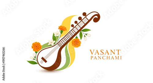 Illustration of a traditional Indian stringed instrument surrounded by orange flowers and leaves with the text 'VASANT PANCHAMI' on a white background, symbolizing the Hindu festival of
