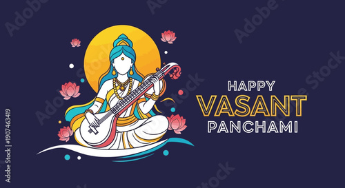 Illustration of Goddess Saraswati playing a musical instrument on a yellow circle with pink flowers, celebrating Happy Vasant Panchami with a blue background and Hindu cultural elements.