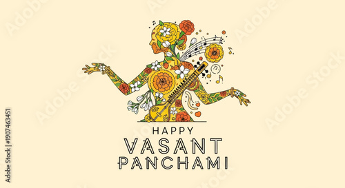 Illustration of a dancing figure with floral patterns celebrating Happy Vasant Panchami with a joyful and colorful composition on a light background.
