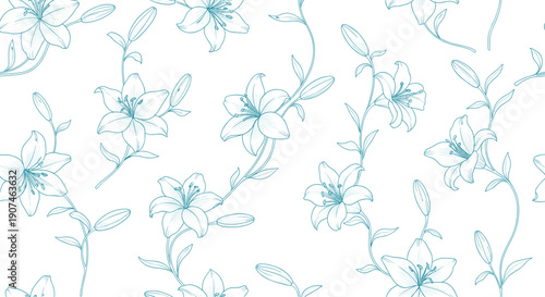 Delicate botanical illustration of blooming lilies with flowing stems and leaves in a soft ethereal teal and white watercolor