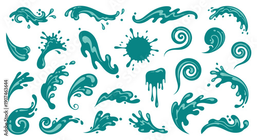Dynamic collection of vibrant teal water splashes drips and swirls in various artistic styles isolated on a clean white