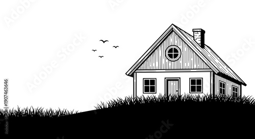 Charming hand drawn house with round window and chimney rests on a grassy hilltop under a sky with flying birds stylized vector