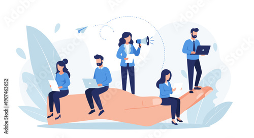 Diverse team of professionals collaborating on a giant open hand symbolizing support teamwork and project success in a modern