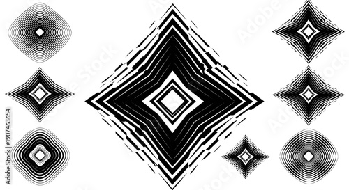 Abstract geometric rhombus shapes with distressed grunge texture and radial lines creating a dynamic modern and artistic visual