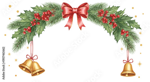 Festive christmas garland arch with red bow pine branches holly berries and golden bells celebrating winter holidays and new