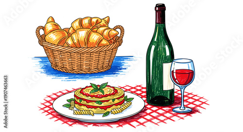 Artistic illustration of a delicious italian meal with fresh croissants a rich lasagna and a bottle of red wine with a glass set
