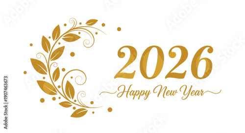 Elegant golden floral wreath design with swirling tendrils and dots framing the year 2026 and 'happy new year' text conveying