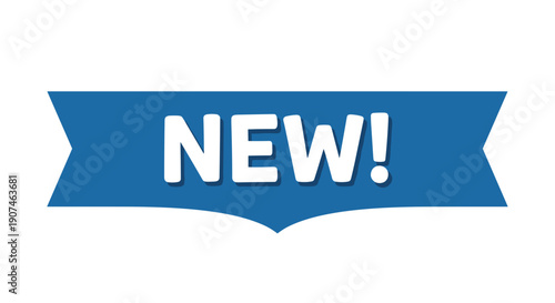 Bold blue ribbon banner announcing 'new' with white text perfect for sales promotions and product launches offering freshness